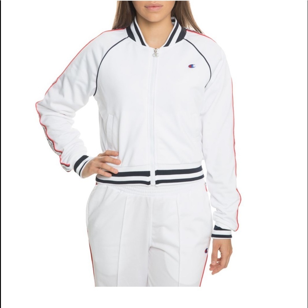 Champion Life Cropped Track Jacket White Logo Tape Sleeve Spellout Women's Sz M